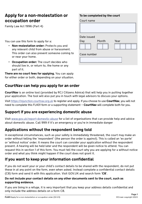 First page of the FL401 form.